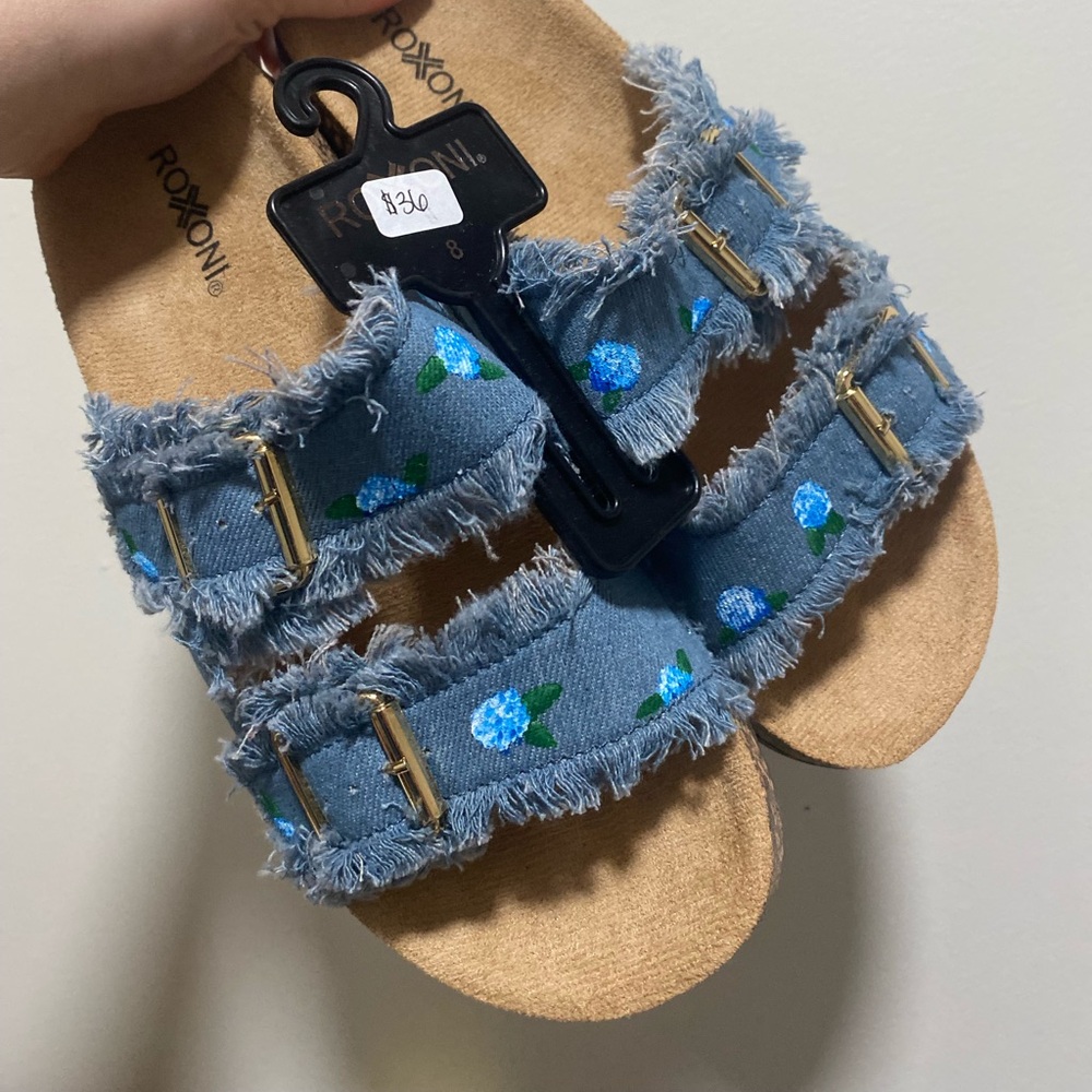 Roxxon Denim Floral Double Strap Sandals - Blue